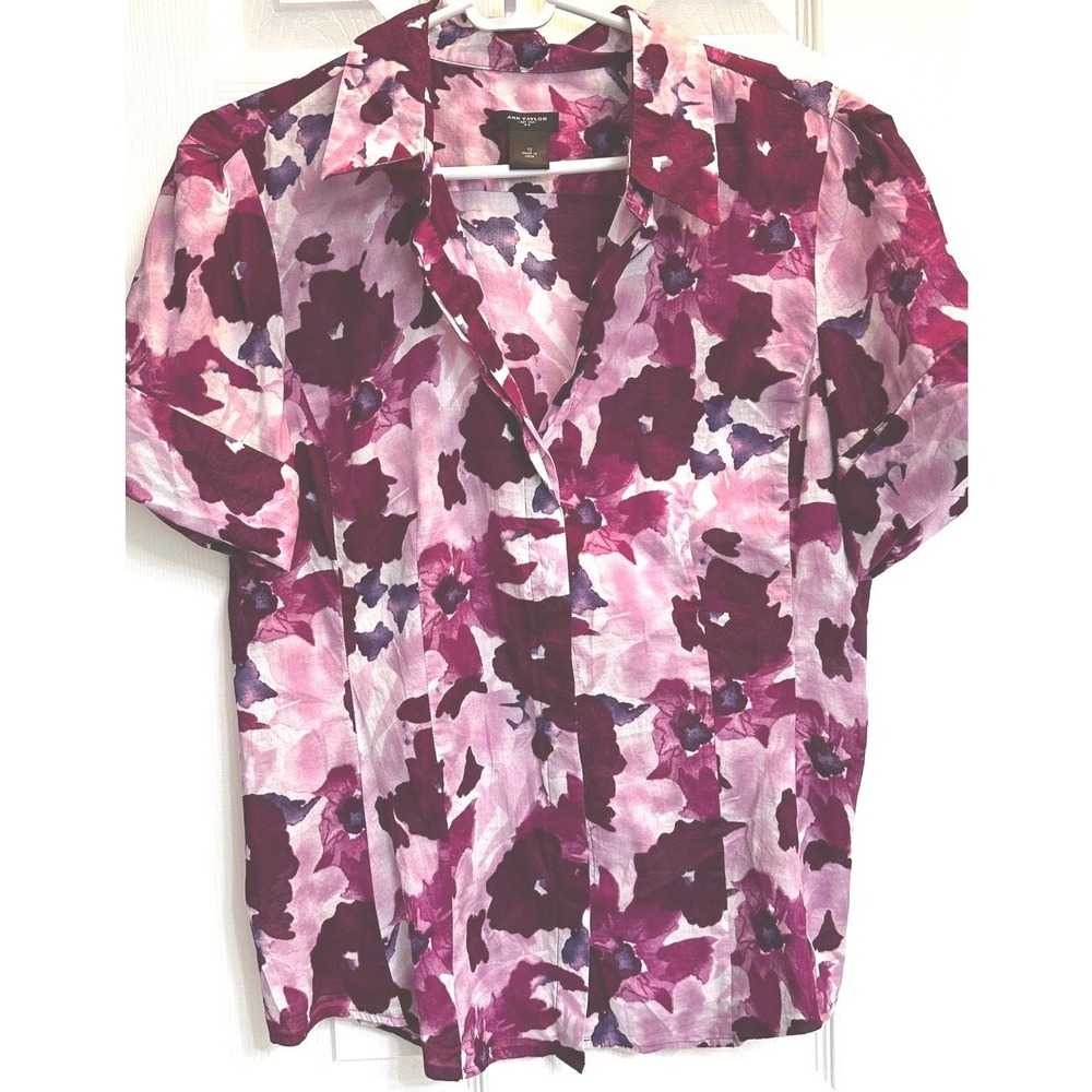 Ann Taylor Pink Purple Floral Watercolor Cotton Short Sleeve Blouse Top Size 12